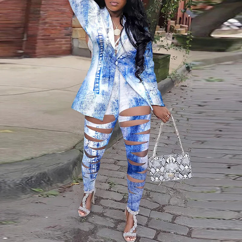 Plus Size Women Two Piece Set Turn Down Collar Vintage Print Autumn Long Sleeve Jacket Blazer Slim Hollow Out Pants Suit 2022 04