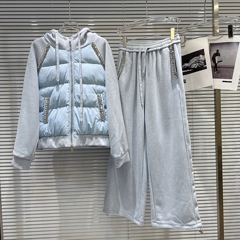 Winter New Fashion Rhinestone Hooded Patchwork Cotton Sweatshirt Fleece-Lined Wide-Leg Pants Set For Women 11A07920 Light Blue