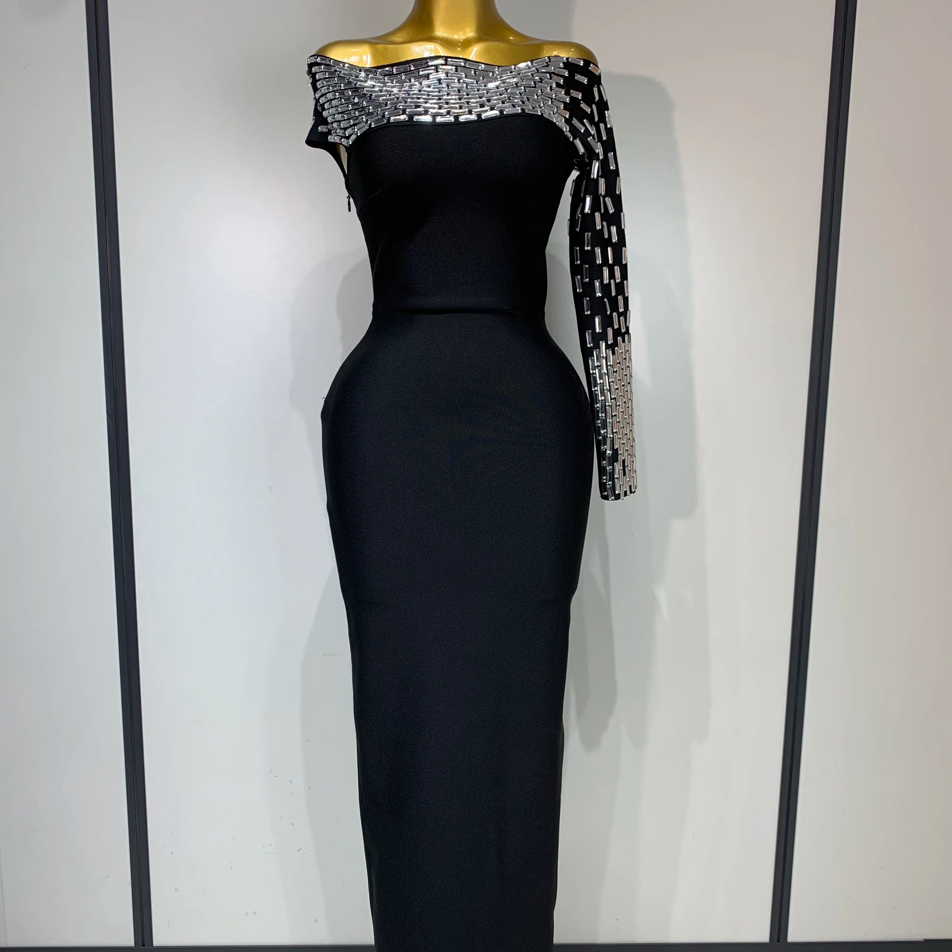 Women Celebrity Sexy Off-shoulder Diamonds Black Maxi Long Bandage Dress Evening Party Celebirty Elegant Stage Performance Dress black