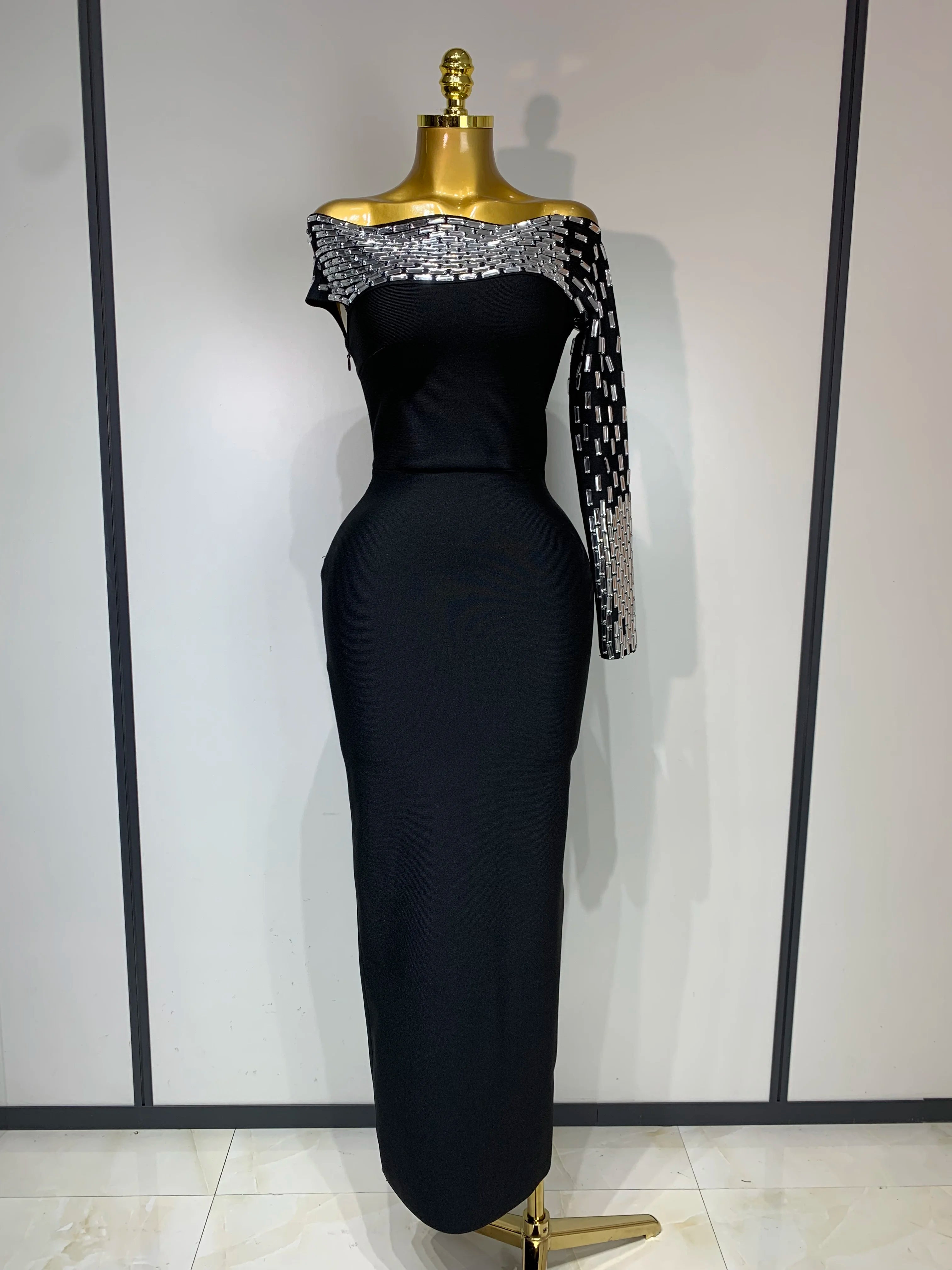 Women Celebrity Sexy Off-shoulder Diamonds Black Maxi Long Bandage Dress Evening Party Celebirty Elegant Stage Performance Dress black
