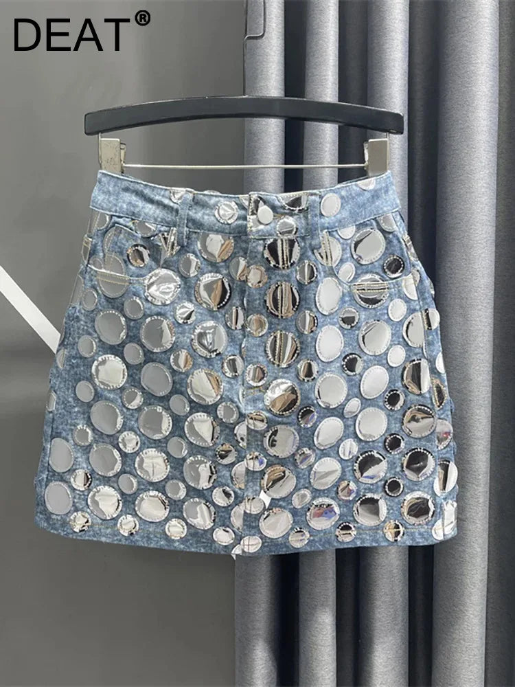 DEAT Summer New Fashion Women's Denim Skirt High Waist Circular Sequin Patchwork Wrap Hip Blue Short Mini Skirts 29L4143