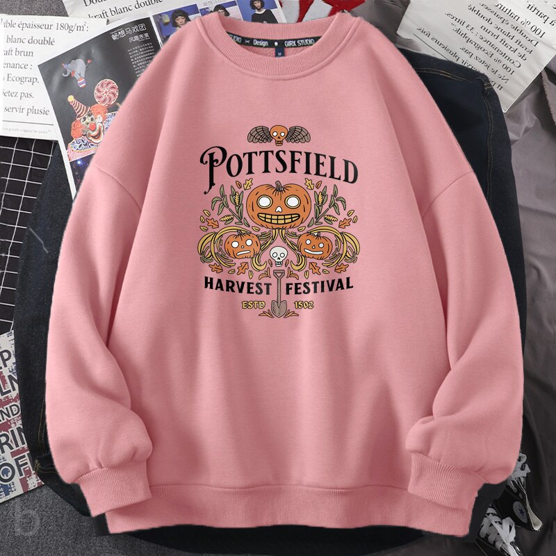Pottsfield Harvest Festival Sweatshirts Woman Autumn Harvest Vegetables Fall Graphic Hoodie Pullover Halloween Goth Clothing pink