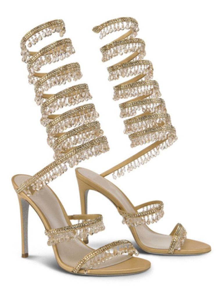 Women's New Rhinestone Sandals Fashion Tassel Crystal Shoes Sexy Nightclub Banquet Party Twining Stiletto Women's Sandals