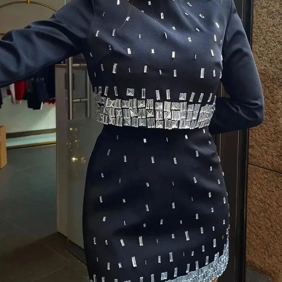 Solid Slimming Spliced Bead Two Piece Sets for Women Round Neck Long Sleeves Short Top High Wasit Skirt Set Female