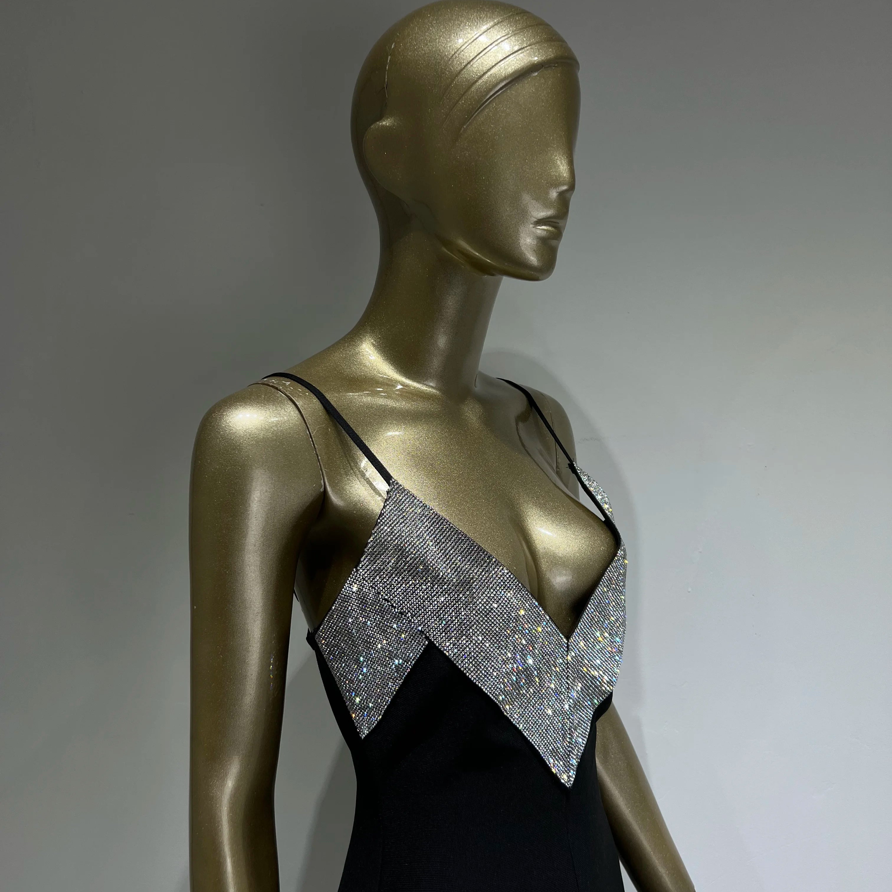 Women Summer Sexy V Neck Backless Crystal Black Diamonds Maxi Long Bandage Dress 2023 Knitted Elegant Evening Club Party Dress