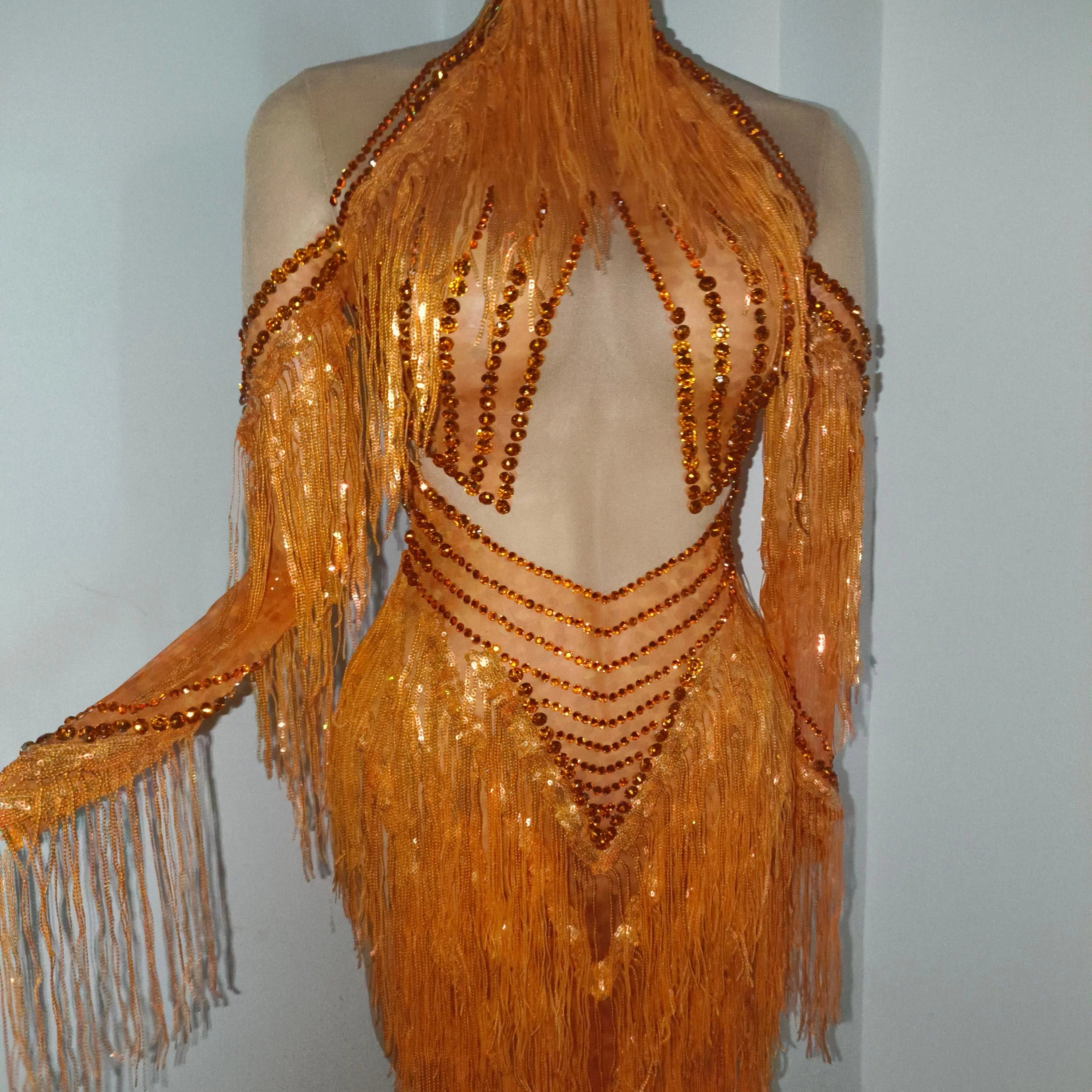Sparkly Orange High Neck Dress Women Sheer Mesh Rhinestone Fringe Embellished Latin Dance Performance Costume