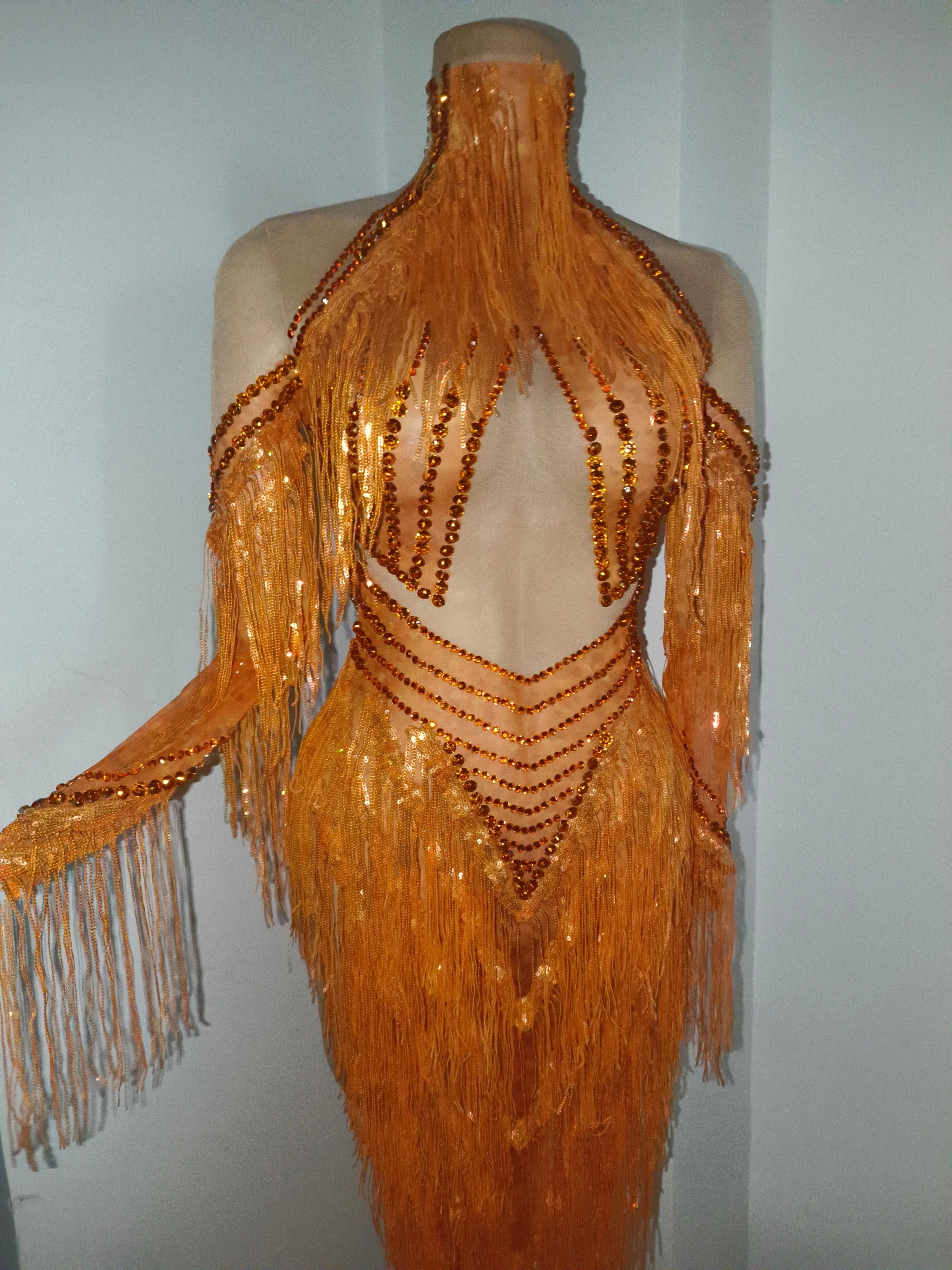 Sparkly Orange High Neck Dress Women Sheer Mesh Rhinestone Fringe Embellished Latin Dance Performance Costume