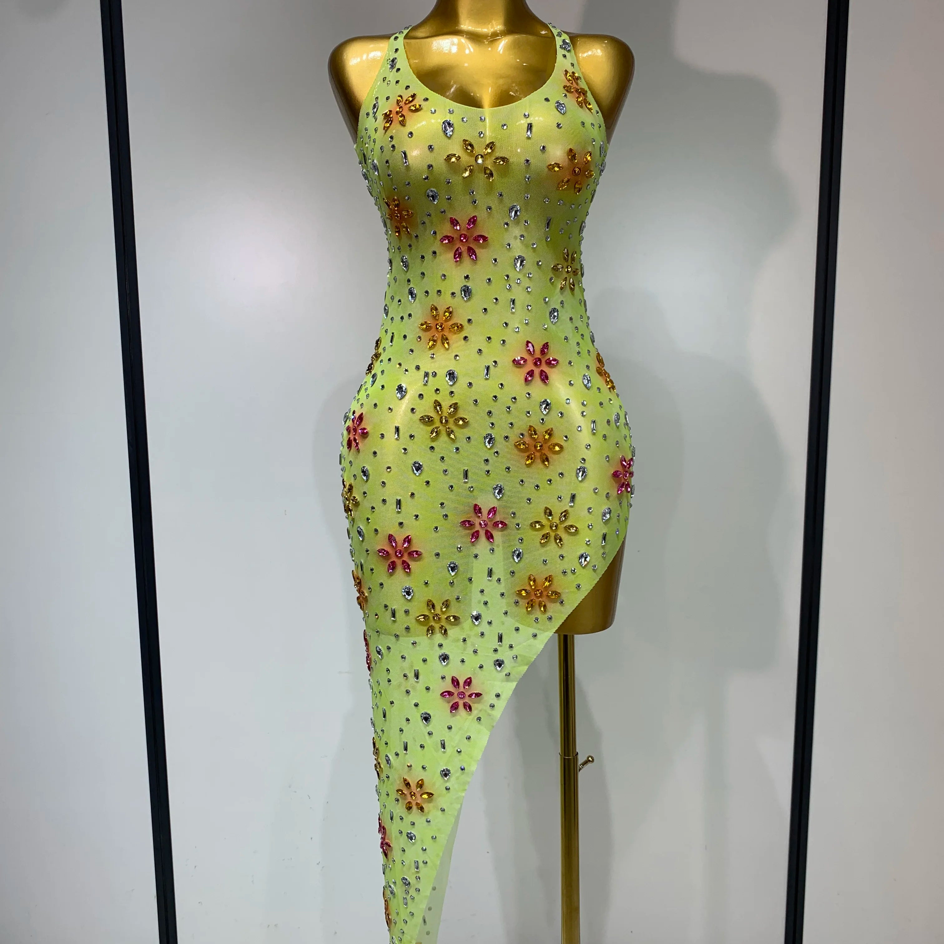 Women Sexy Mesh See Through Stretch Sparkly Rhinestone Performance Costume Stage Dancer Nightclub Party Luxury Birthday Dress Yellow