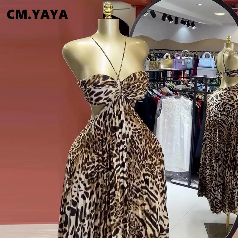 Elegant Women Leopard Print Sleeveless Strapless Floor-Length Long Dress 2025 Beach Party Birthday Sexy Pleated Dresses