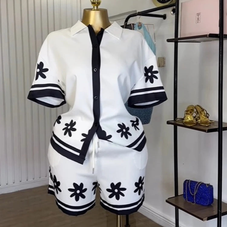 GLCMYAYA floral printed Side Women's Set Half Sleeve Shirt Tops and Shorts 2025 Holiday Vacation Street Two 2 Piece Set Outfits WHITE