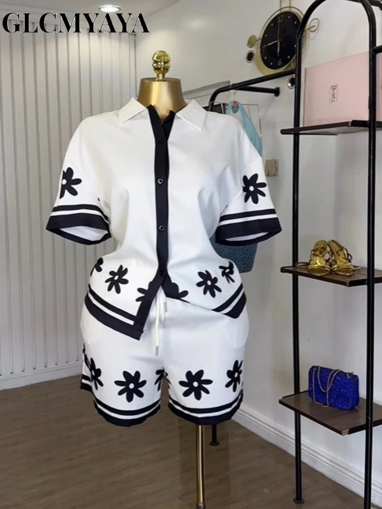 GLCMYAYA floral printed Side Women's Set Half Sleeve Shirt Tops and Shorts 2025 Holiday Vacation Street Two 2 Piece Set Outfits WHITE