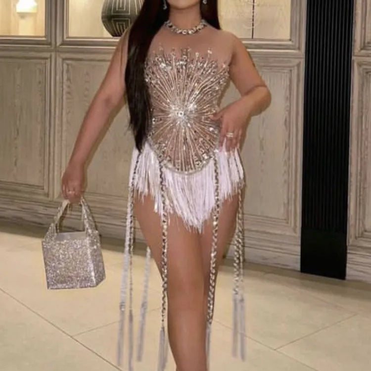 Sliver Sequins Shining Diamonds Long Tassel Sleeveless Mini Dress Evening Dress Woman Birthday Party Outfit