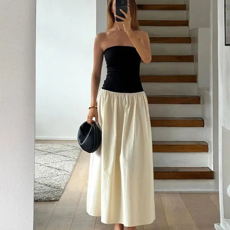 Elegant Round Collar Long Sleeve Slim Robe Women Contrast Spliced Pleated Hem Long Dress New Lady Fashion Evening Party Dresses WHITE