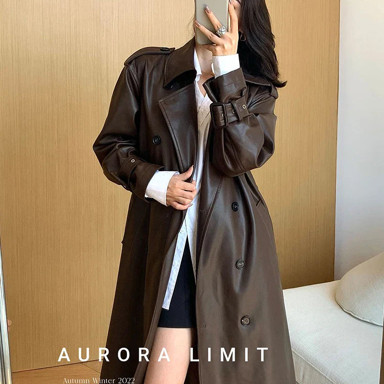 Spring Autumn Long Loose Brown Pu Leather Trench Coat for Women Belt Double Breasted American and European Fashion 2023