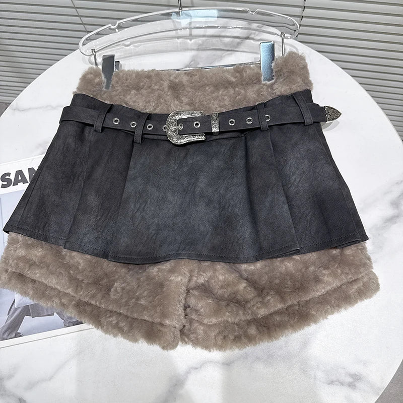 Winter New Fashion Metal Belt Suede Hem Fleece Fluffy Shorts Skirt For Women Versatile Sweet Mini Skirts 11A07958