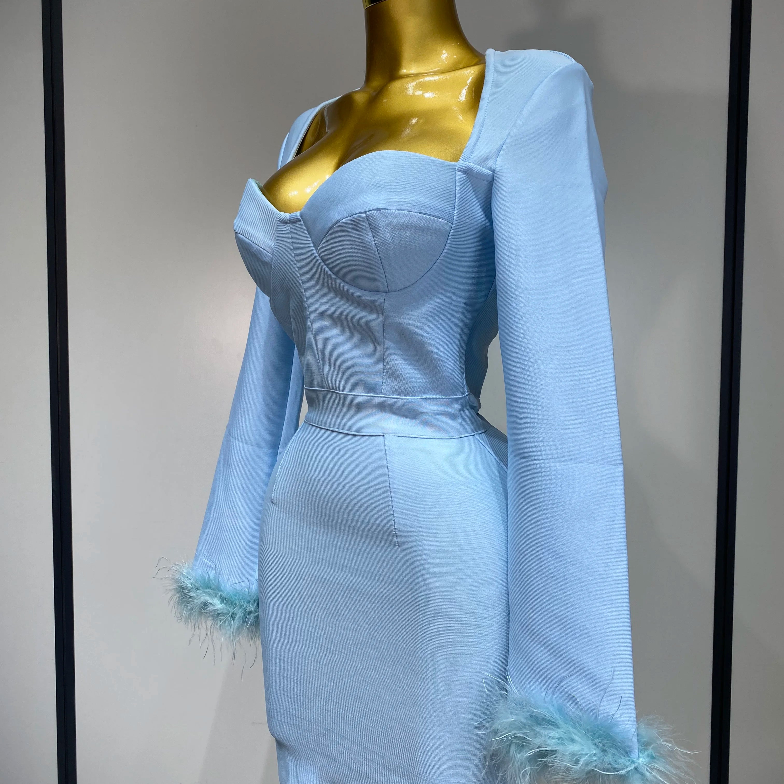 Women Fashion Sexy Long Sleeve Feathers Mini Bodycon Bandage Dress 2025 Elegant Evening Party Club Luxury Birthday Dresses
