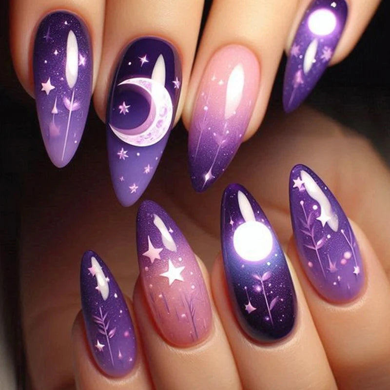 24pcs/set medium long fake nails for women starry star moon planet gradient glitter design almond ballet tip press on false nail 1934