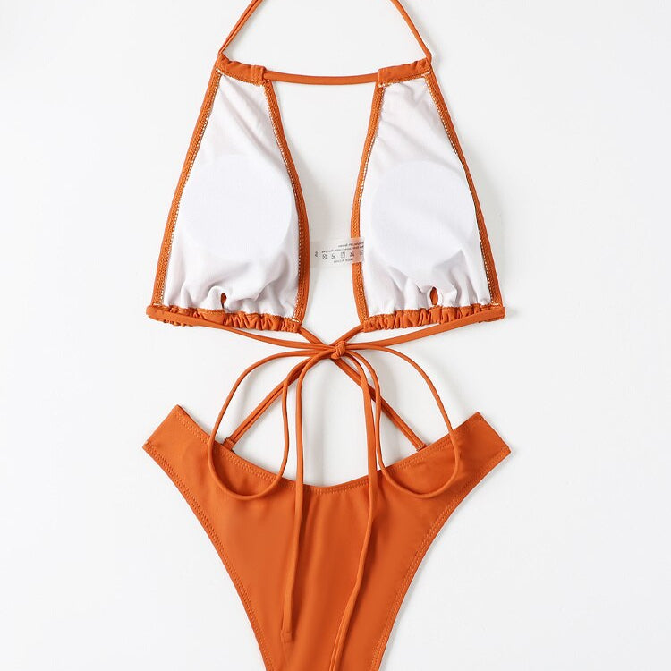 Sexy Brown Halter Swimwear - High Cut Ring Hollow One Piece Swimsuit Monokini Cross Backless Bathing Suit