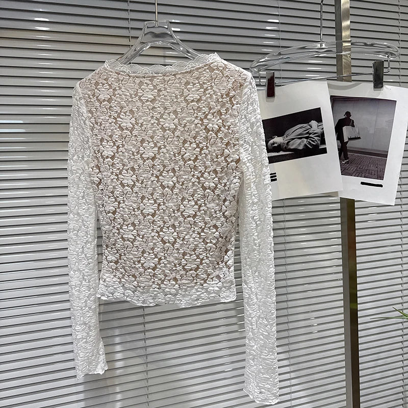 Winter New Elegant Fashion V-neck Base Shirt Lace Top For Women Elastic Waist Mesh Puffy Skirt Female Trendy 11A07849