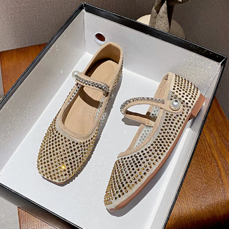 Mesh Crystal Pearl Flat Shoes Woman Square Toe Office Lady Luxury Shoes Big Size Mary Janes Shoes 2025 New Spring Single Shoes Beige