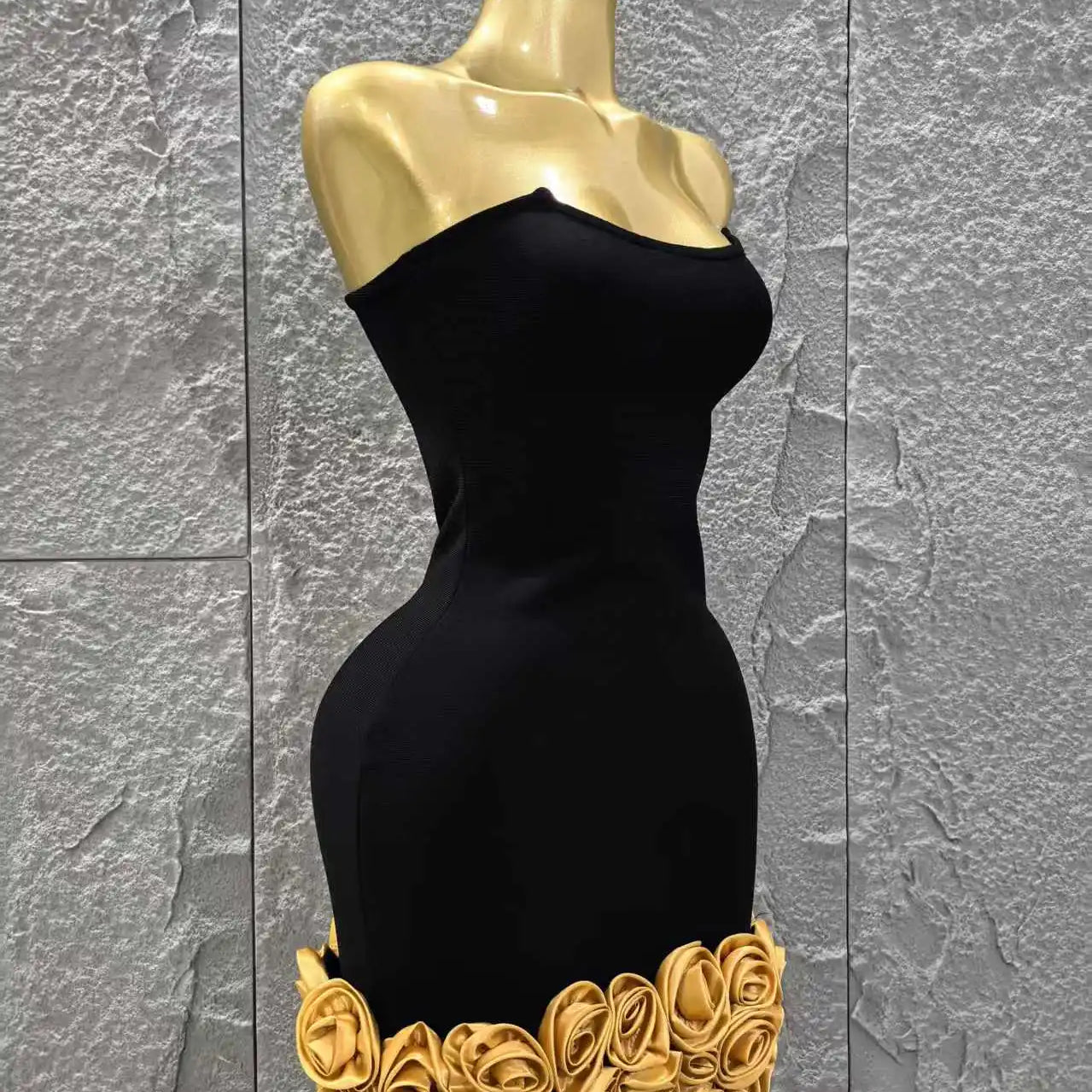 Black Color Golden Florlas Women Sexy Strapless Bodycon Mini Bandage Dress Celebrate Nightclub Party Birthday Vacation Wear
