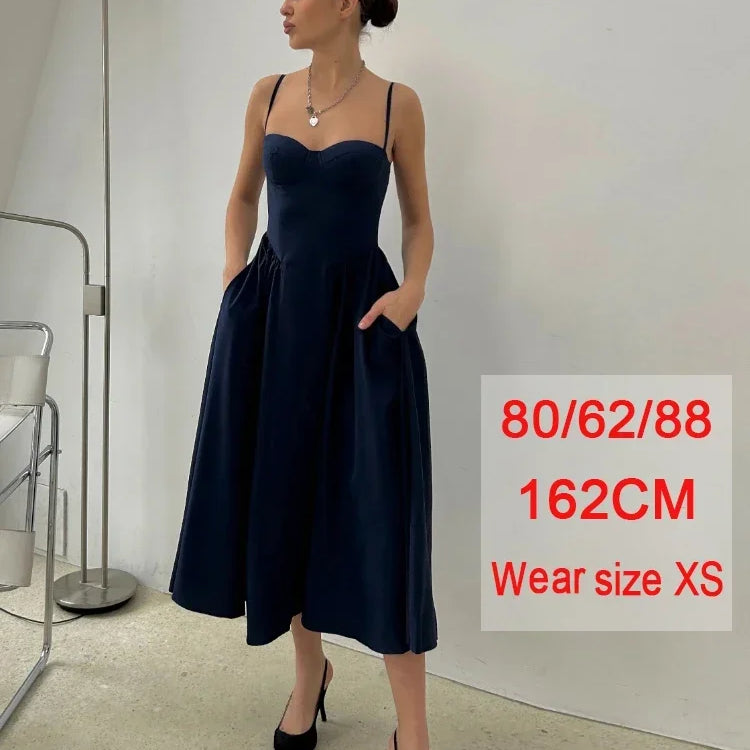 Suninheart Elegant Spaghetti Strap Midi Dress Slim A Line Party Dresses Navy Blue Casual Birthday Holiday Dress Women's clothing blue