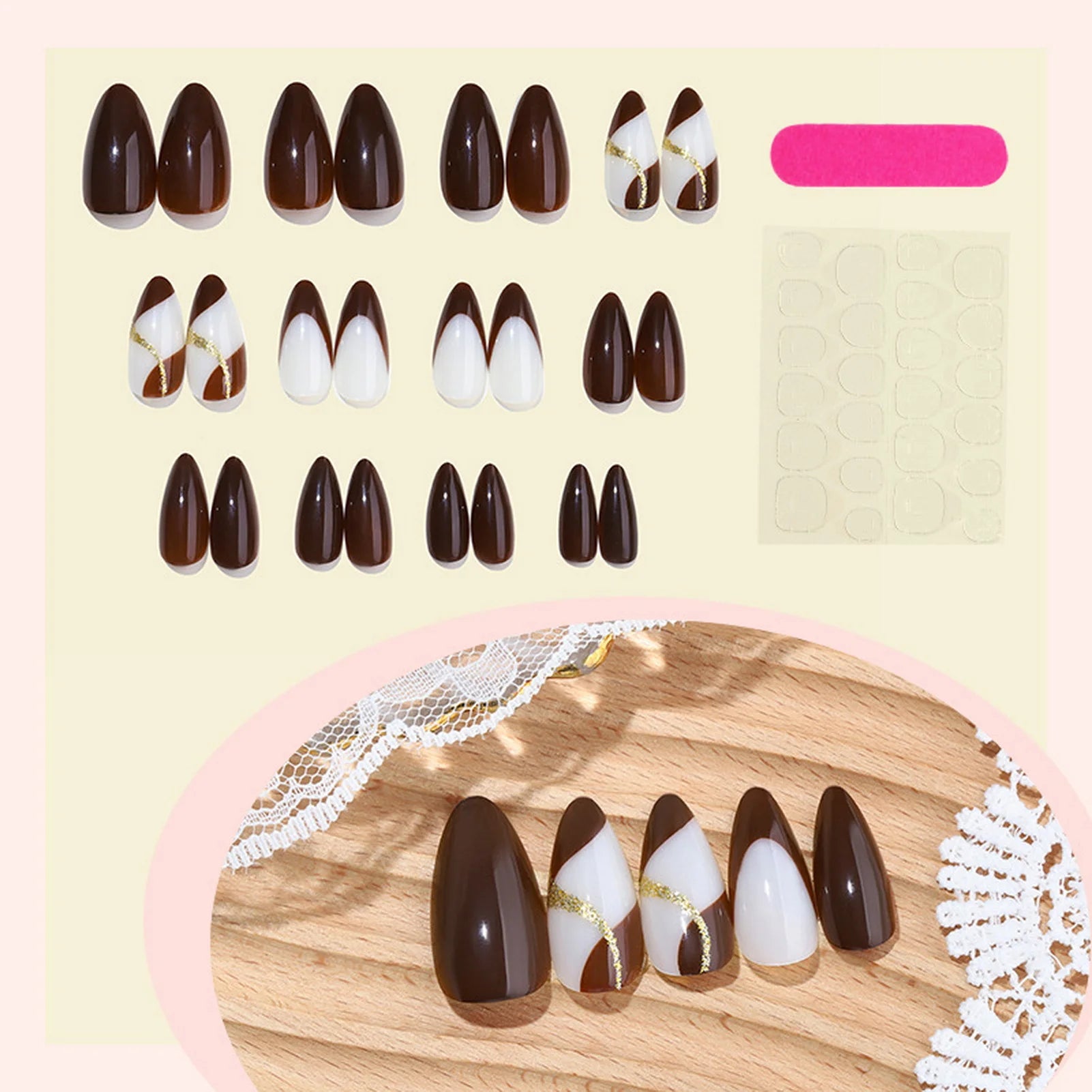 24Pcs Almond Fake Nails Women Girls New Year Party Press On Nails Red/Brown/Orange French False Nails DIY Charm Manicure