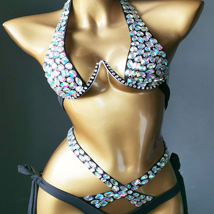 Swimwear Bikini Sets Swimsuit 2024 Summer Beach Shiny Crystal Rhinestone Padded Push Up Bikinis Set Outfits For Women Black 1