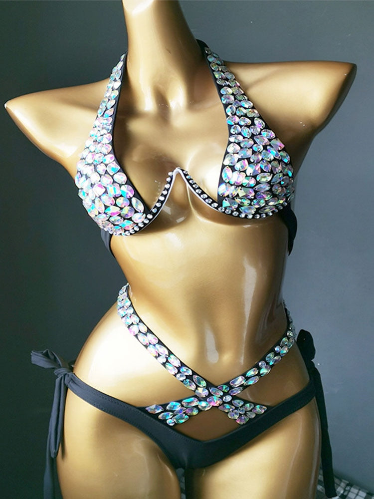 Swimwear Bikini Sets Swimsuit 2024 Summer Beach Shiny Crystal Rhinestone Padded Push Up Bikinis Set Outfits For Women Black 1