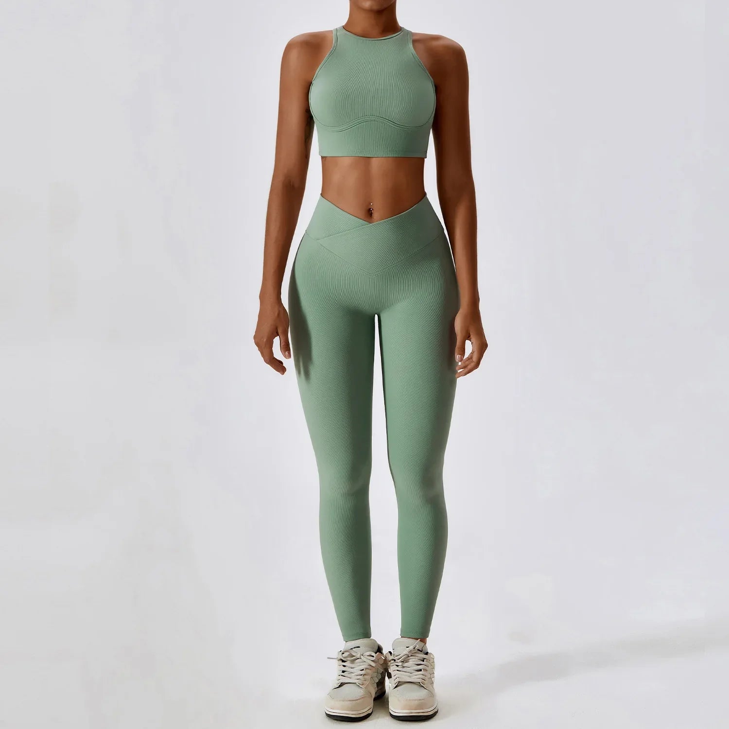 2PCS Seamless Yoga Set Gym Clothes Sportswear Yoga Suits For Women Fitness Rib Tracksuits Sports Bra Gym Leggings Sports Suits Basil Green Set-4