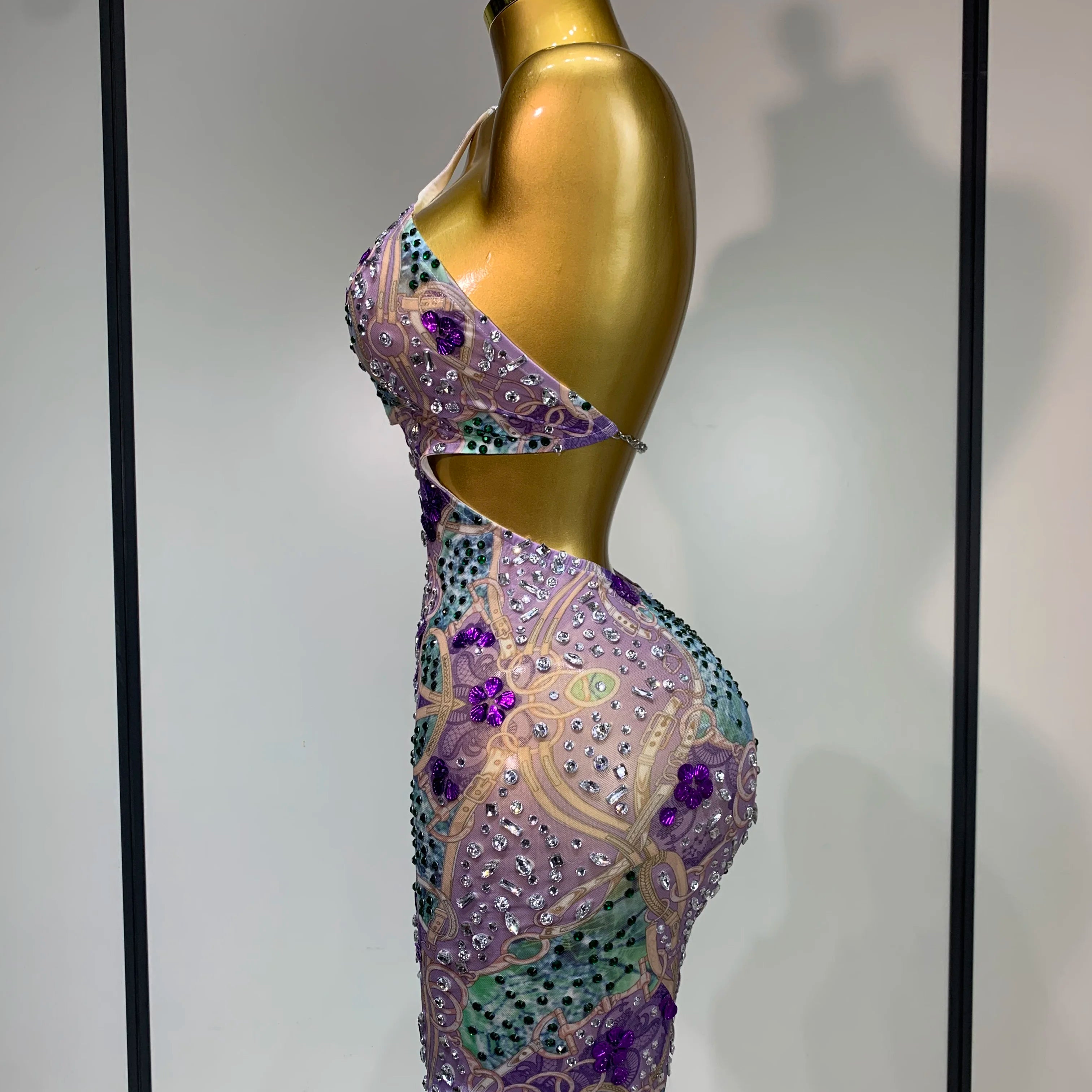 Sprakly Rhinestones Women Sexy Mesh See Through Hollow Out Mini Dress Luxury Birthday Birthday Photo Shoot Performance Costume
