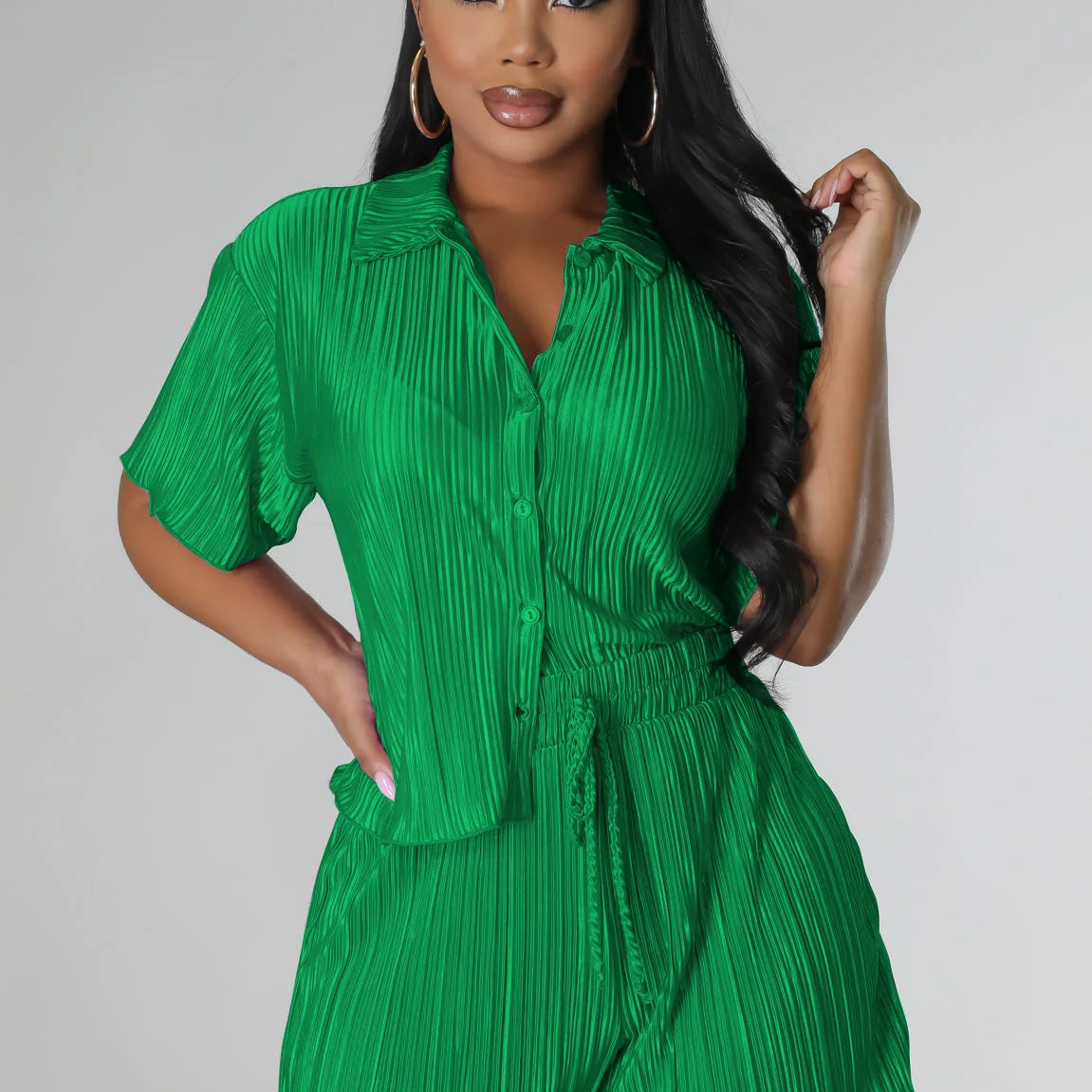 CM.YAYA Street Vintage Pleated Women's Set Short Sleeve Shirt Blouse and Shorts Suit 2023 INS Two 2 Piece Set Outfit Tracksuit green