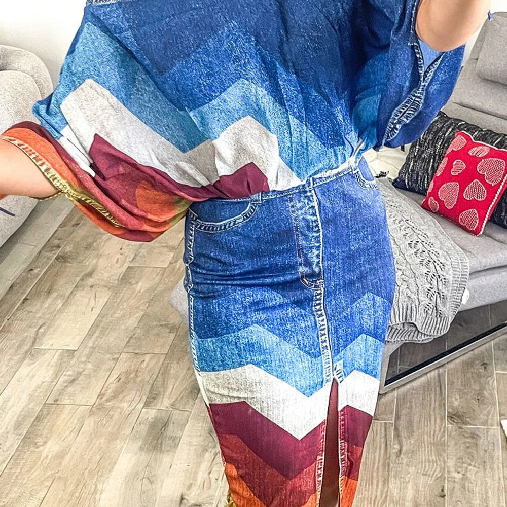 Plus Size Daily Blue Colorblock Round Neck Half Sleeve Split Denim Two Piece Skirt Sets