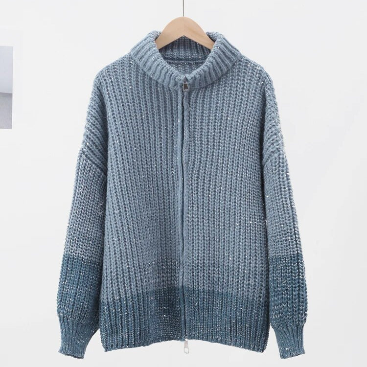 Sequin Knitted Women's Sweater Autumn Bishop Sleeve Zippers Loose Casual Sweaters Female 2024 Lady Stand Collar Outerwear