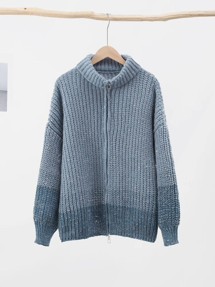 Sequin Knitted Women's Sweater Autumn Bishop Sleeve Zippers Loose Casual Sweaters Female 2024 Lady Stand Collar Outerwear
