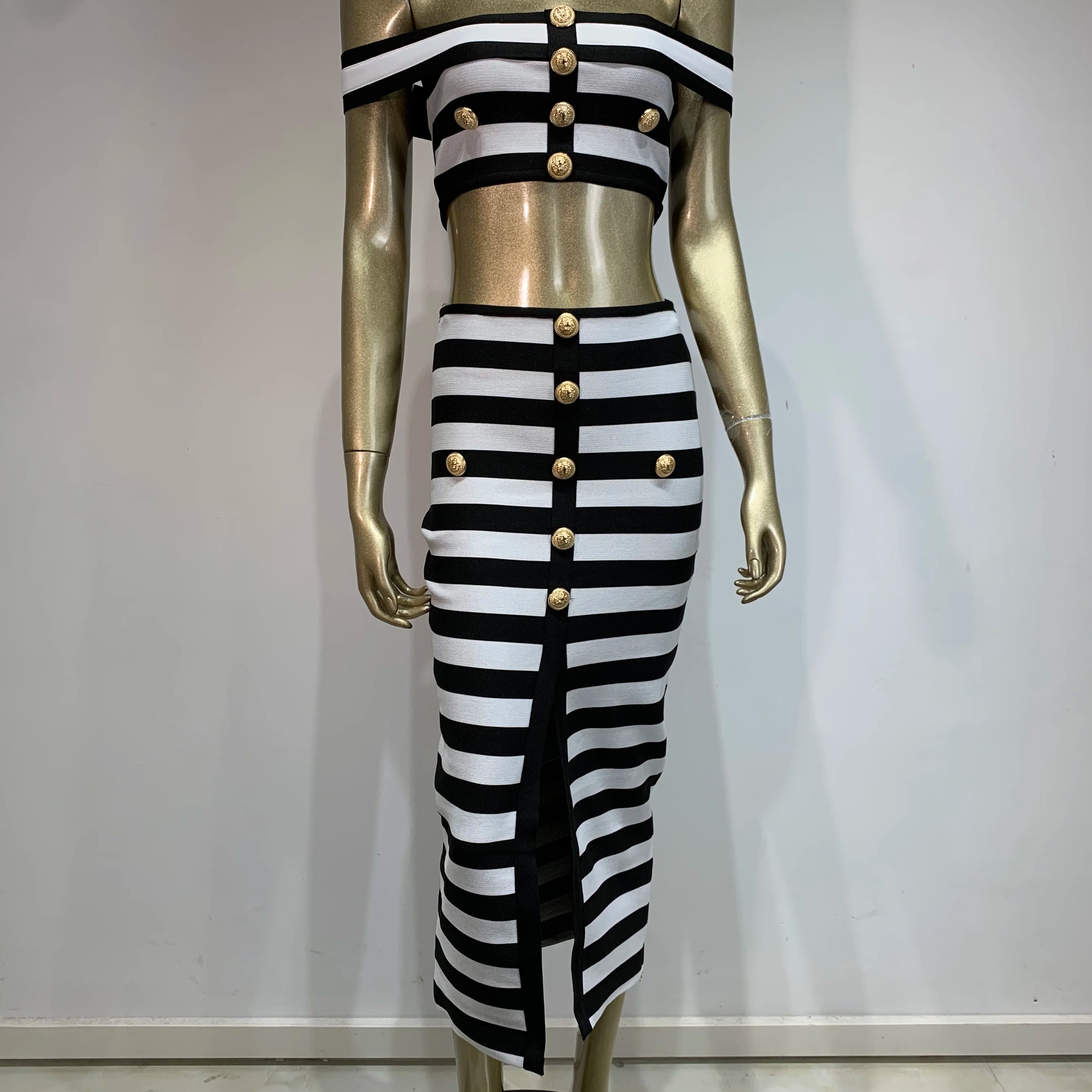Women Celebrity Sexy Off Shoulder Striped Button Black White Bandage Skirt Set 2024 Knitted Elegant Evening Club Party Clothing