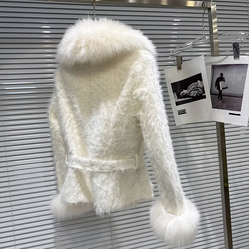 Winter New Fashion Fox Fur Collar Lace-up Waist Cotton Liner Coat For Women High Quality Jacket Female 11A07778