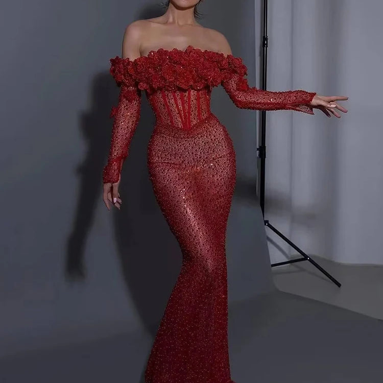 Red Structured Flower Boned Bodice Christmas Long Dress For Women Long Sleeves Sequins Mermaid Party Evening Gown