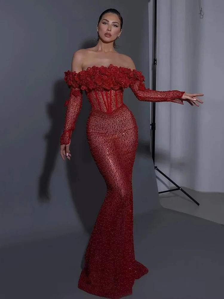 Red Structured Flower Boned Bodice Christmas Long Dress For Women Long Sleeves Sequins Mermaid Party Evening Gown