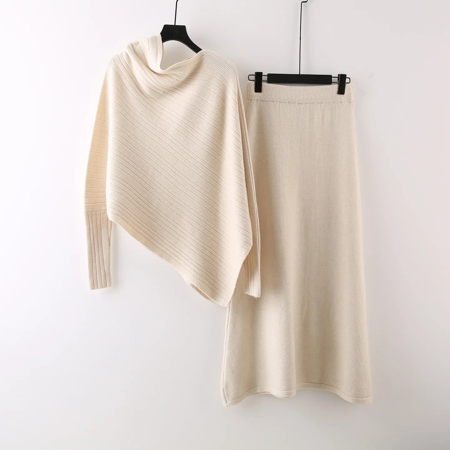 Autumn Winter Fashion Style Asymmetrical Batwing Sleeve Loose Knit Cardigan Elastic Waist Skirt Set For Women 11A07541 beige One Size