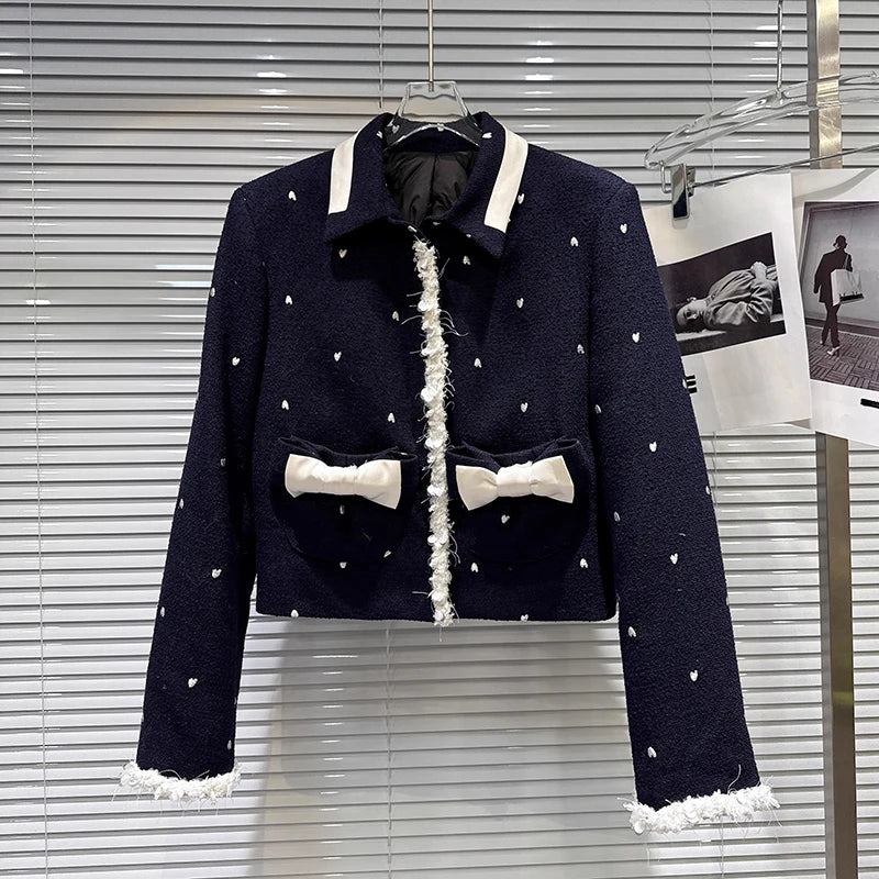 Winter New Fashion Heart Embroidery Woolen Quilted Jacket High Waist Straight Pants Women's Two-pieces Set 11A07556