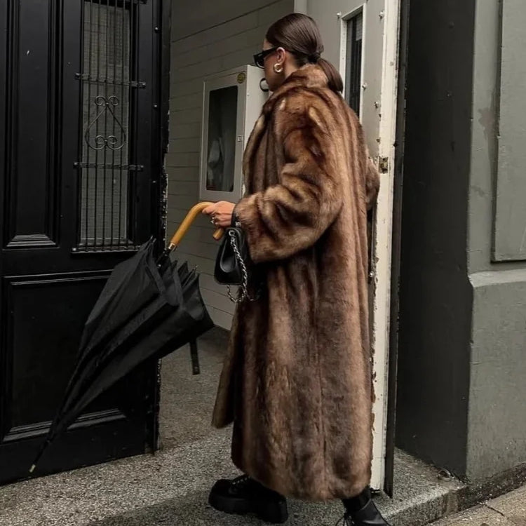 Women Retro Luxury Faux Fur Coat Fashion Lapel Single Breasted Long Sleeve Pockets Jacket Winter Plush Warm High Street Outwear