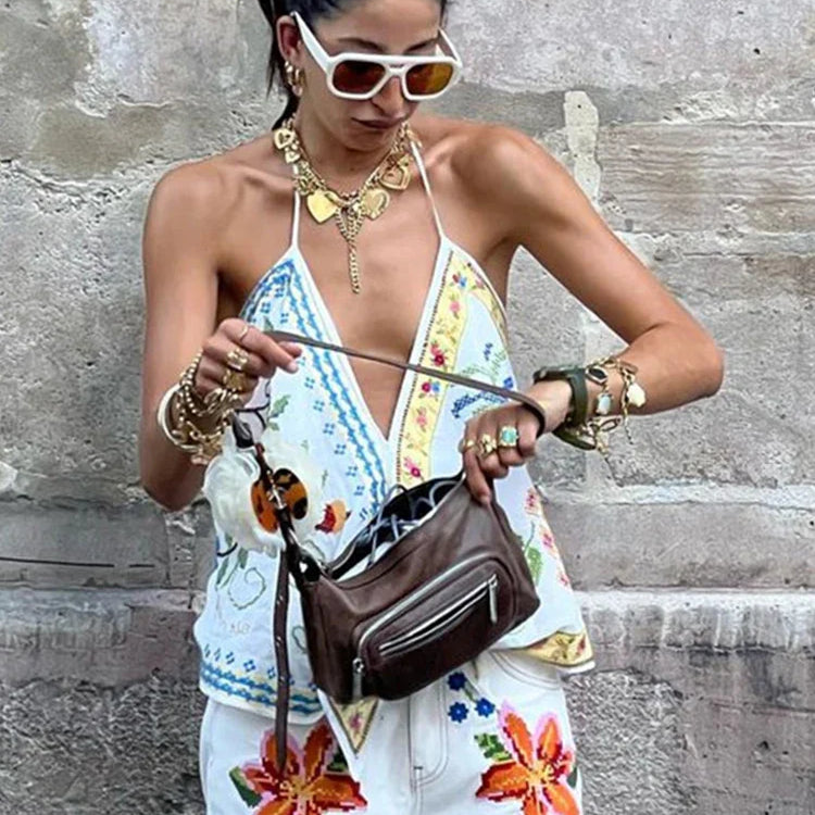 Beach Print Tank Top Pants Sets Women Fashion Halter Backless Sleeveless Vest Wide Leg Zipper Pants 2 Pieces Set Female 2024