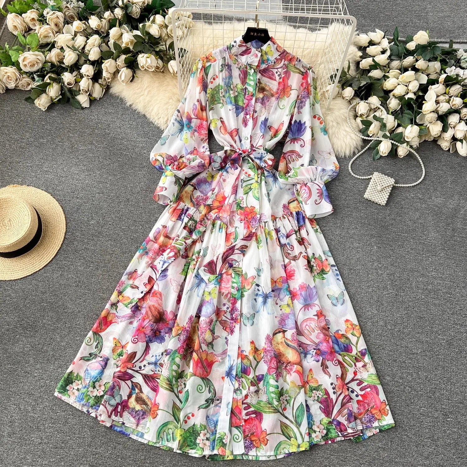 Bohemian Floral Chiffon Summer Dresses for Women Runway Stand Lantern Sleeve Belt Beach Holiday Long Vestidos Boho Robe 2056 as picture