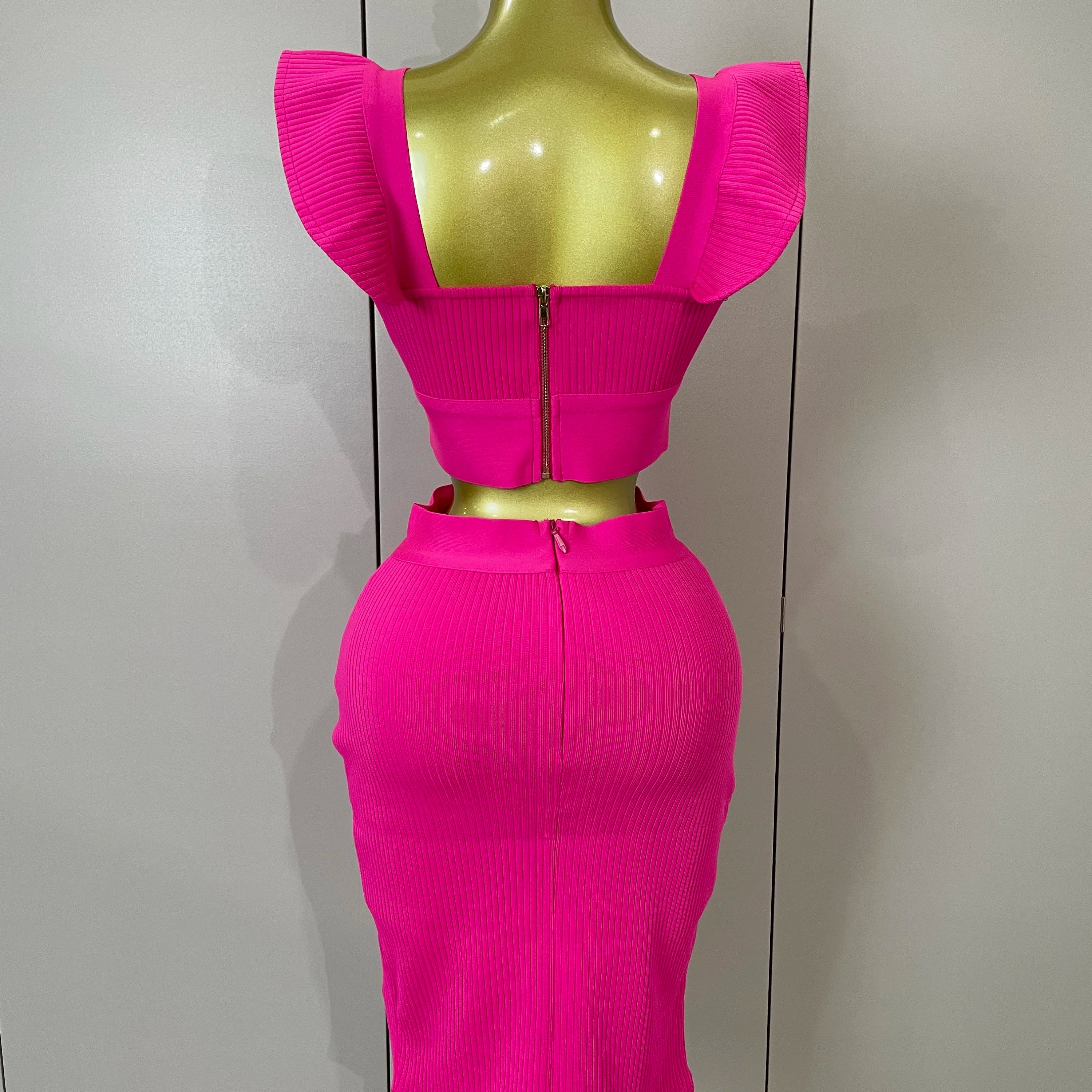 Women 2025 New Sexy Backless Ruffles Red Bandage Two Pices Set 2025 Celebrity Evening Elegance Birthday Party Dress