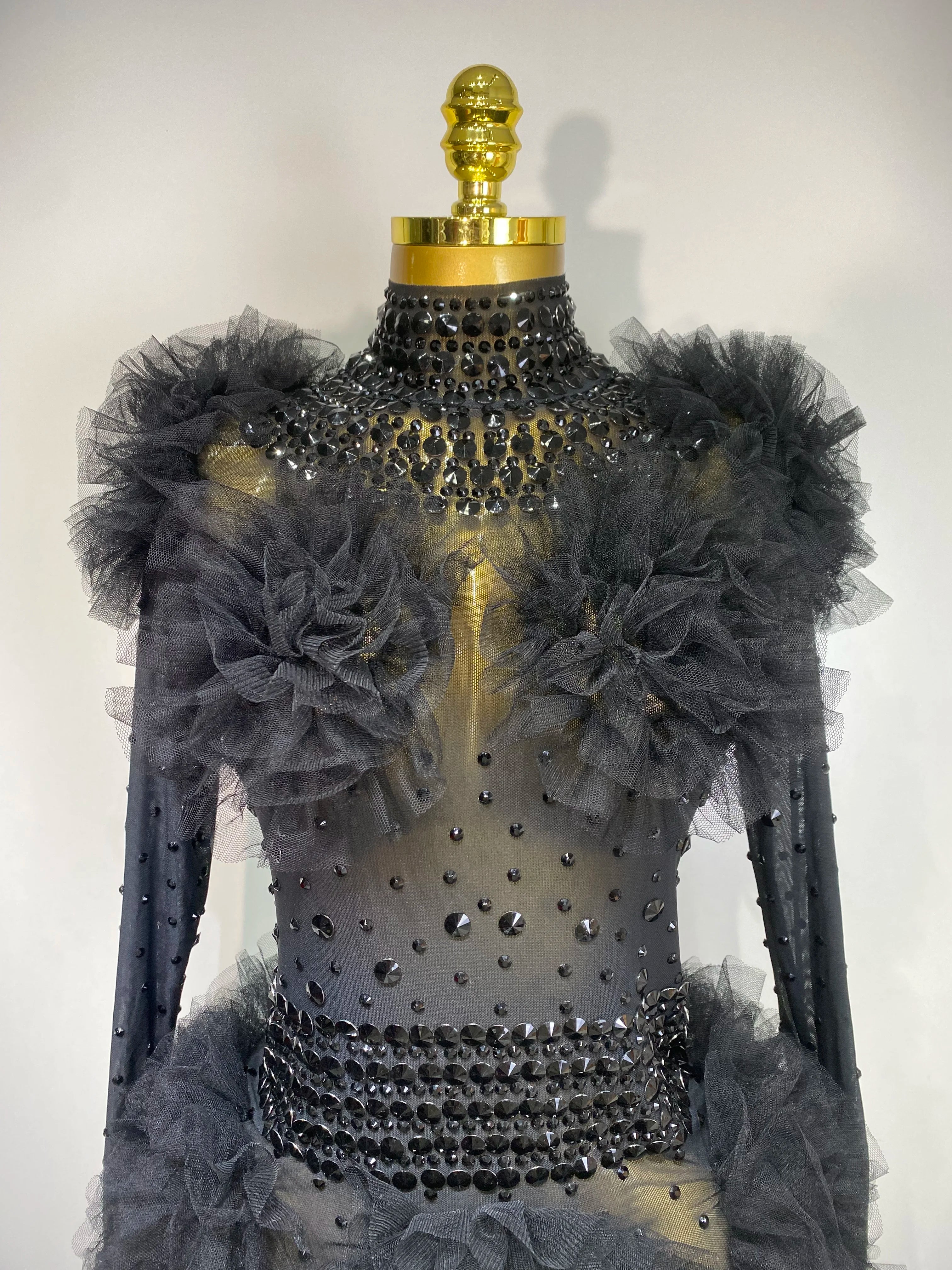 Sexy See Through Luxury Rhinestone Bodysuit Women Sexy Bodycon Mesh Ruffles Performance Dance Singer Nightclub Stage Outfit