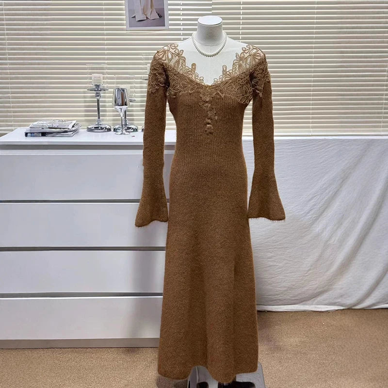 Autumn Winter New Elegant Style Lace V-neck Knitted Sweater Dresses For Women Evening Party Dress Female 11A07910 Coffee One Size
