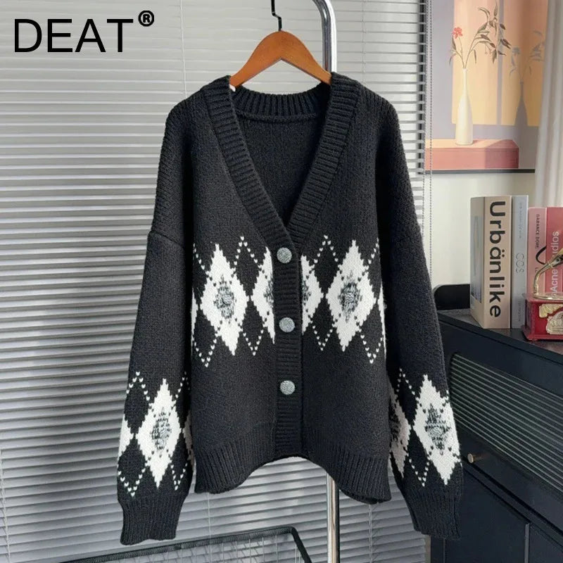 Winter Fashion Contrast Color Jacquard V-Neck Knitted Cardigan For Women Loose Lazy Style Soft Sweater Coat 11A07544
