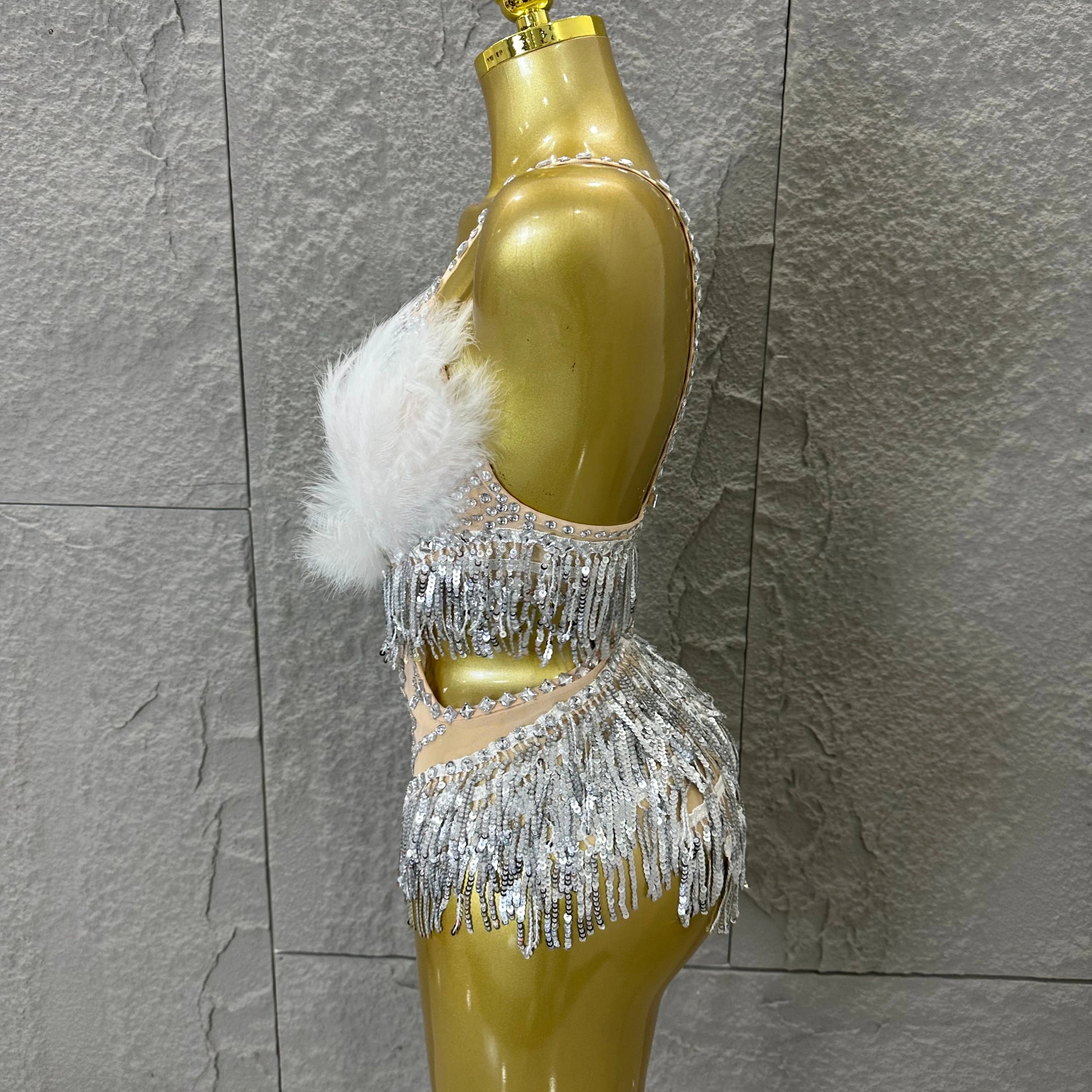 Luxurious Sheer Mesh Bodysuit Women Sexy Crystal Embellished Feather Fringe Trim Spaghetti Strap Outfit Stage Performance Outfit