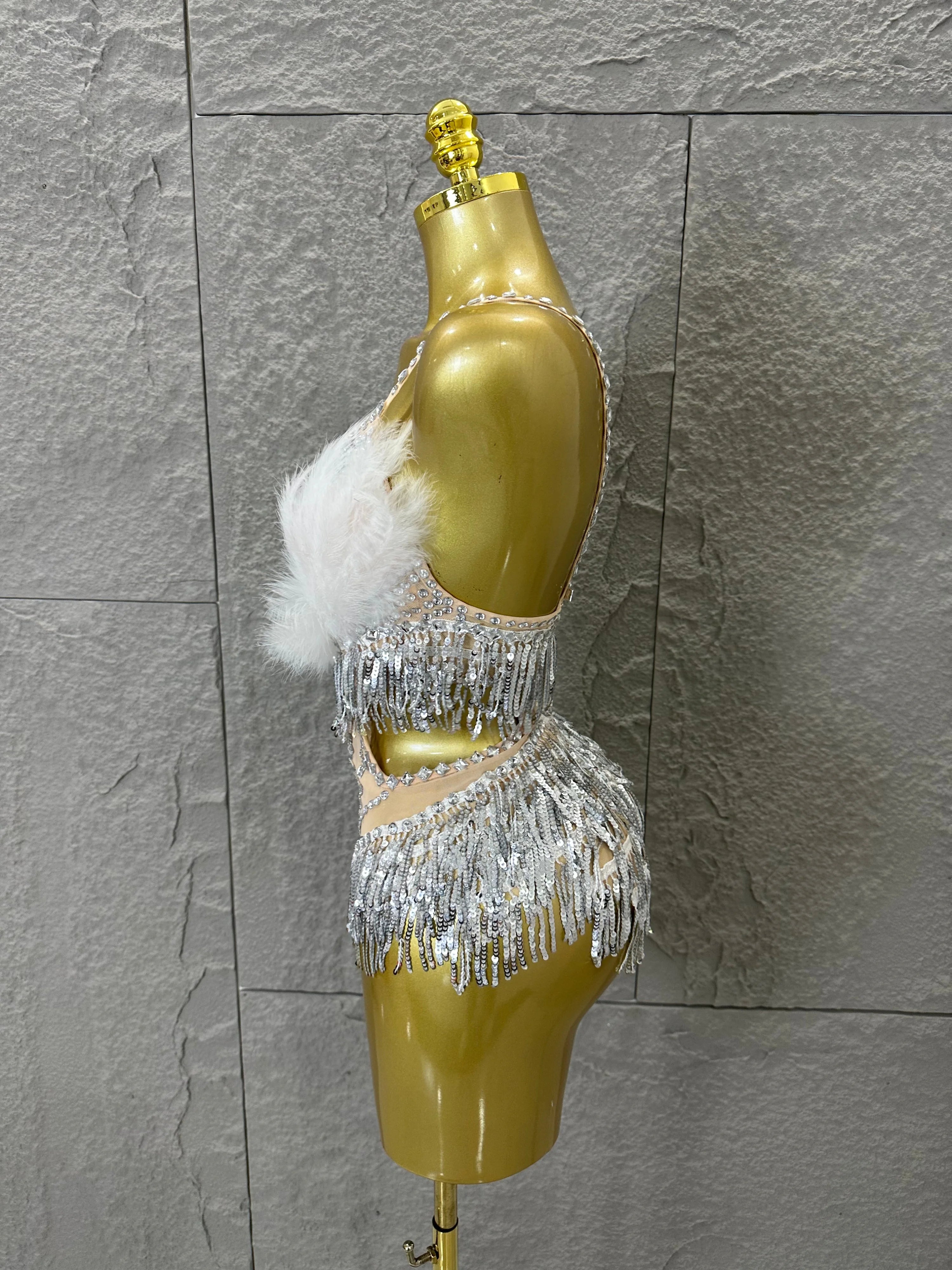 Luxurious Sheer Mesh Bodysuit Women Sexy Crystal Embellished Feather Fringe Trim Spaghetti Strap Outfit Stage Performance Outfit